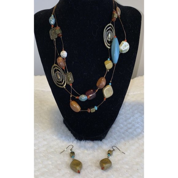 Yousi You @ I   Necklace Earring Set  Brass Tone Metal Wood Glass Acrylic Bead - Picture 1 of 12